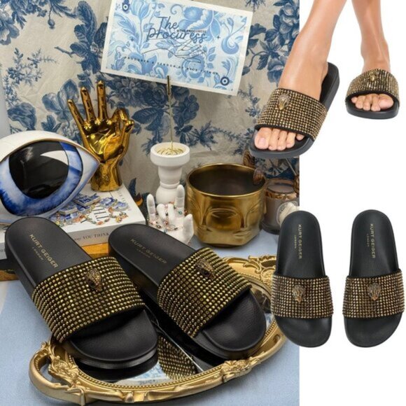 🆕 KURT GEIGER LONDON 🧿 NWOB Meena Eagle Black & Gold Studded Slide, Sz 8.5 - Picture 1 of 12